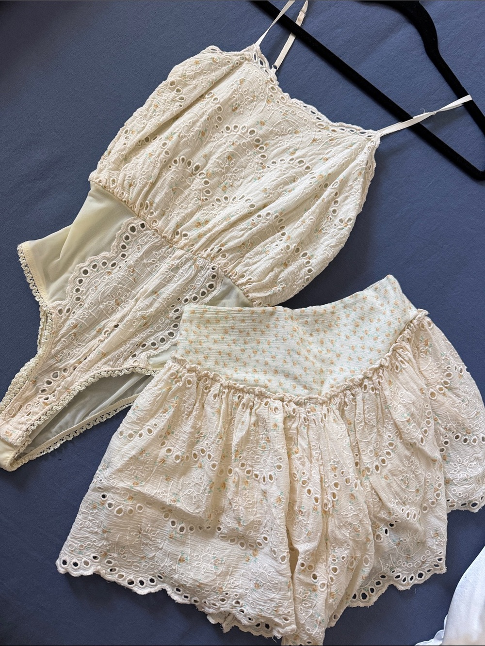 Free People Cream Eyelet Lace Skort Set - Spaghetti Strap Bodysuit & Mini Skirt